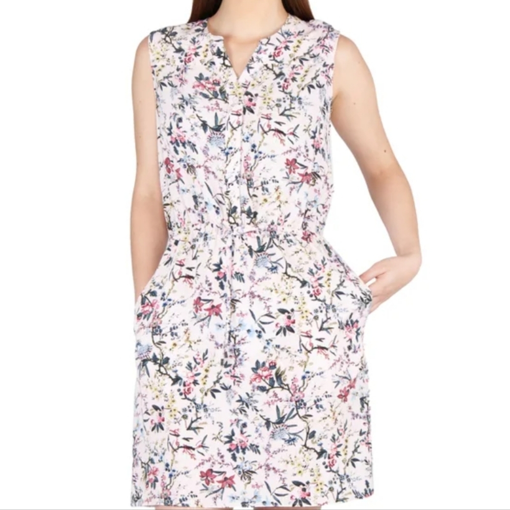The Original Nicole Miller Floral Pink Sleeveless Button Front Drawstring Dress
